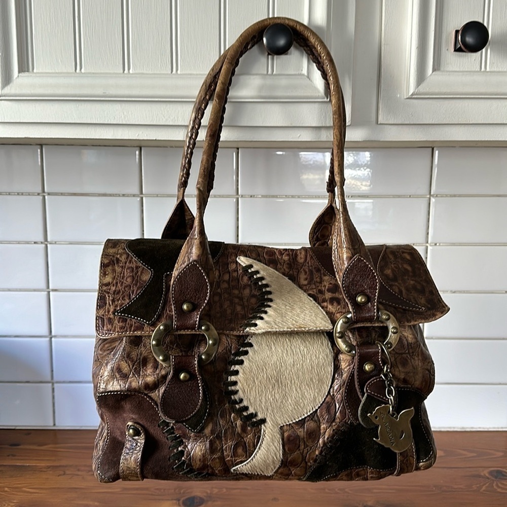 ARCADIA Brown Croc Embossed Satchel with Leather, Suede and Calf Hair Patches